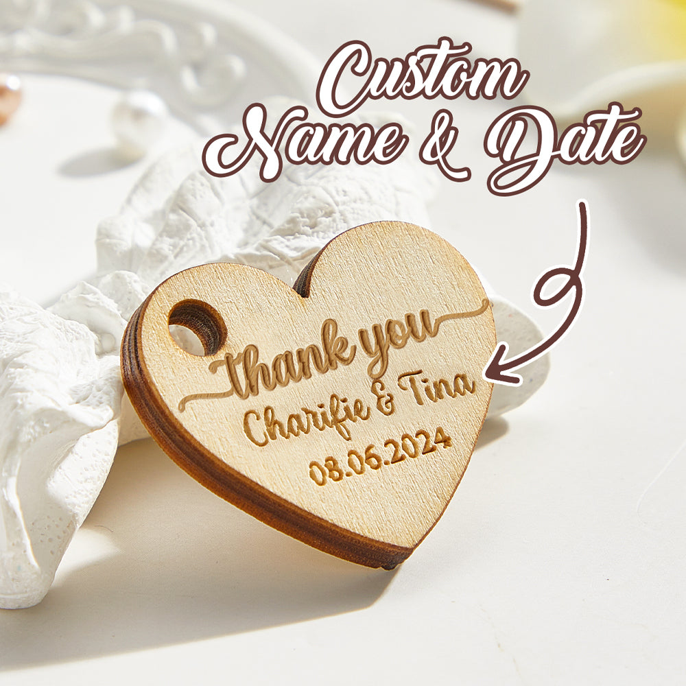 Personalised Wooden Heart Gift Tags - Engraved Wedding Favours for Guests