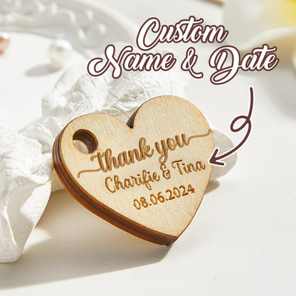 Personalised Wooden Heart Gift Tags - Engraved Wedding Favours for Guests