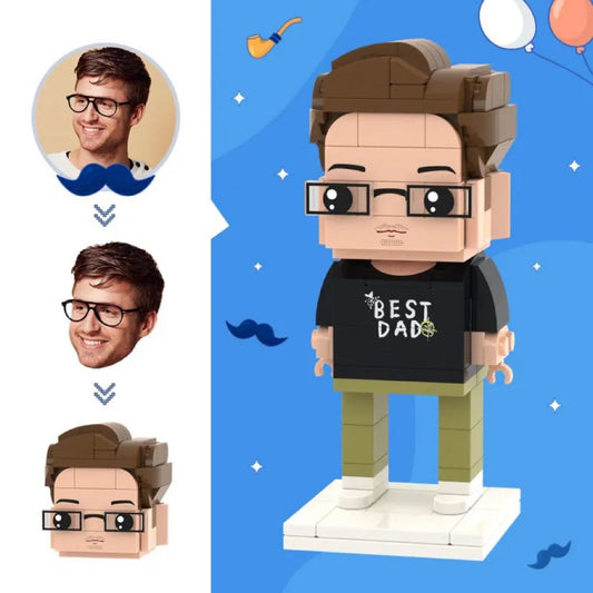 Custom brick figure head of Dad, created from a photo – a personalised gift in brick sculpture style.