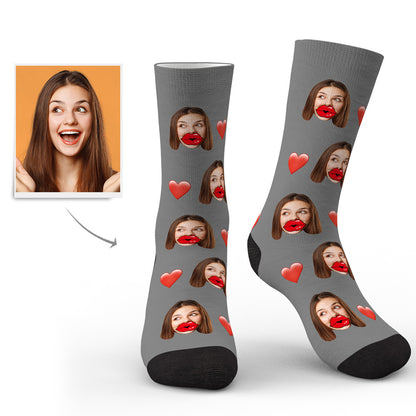 Collage of personalised custom face socks demonstrating different portrait placements and optional red lips motif — customisation-friendly photo socks