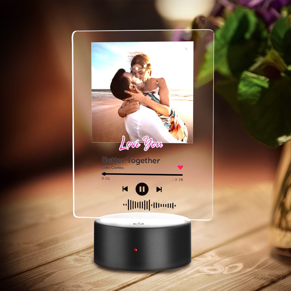 Complete personalised music plaque set: clear acrylic plaque, engraved keychain and LED lamp holder — perfect Valentine's gift