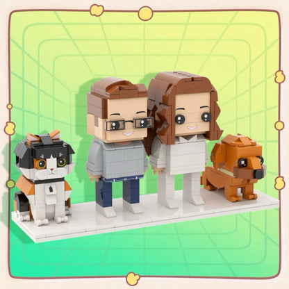Personalised full-body brick figures of two people with a dog and a cat – custom brick-style figures for an anniversary or birthday, ABS eco-friendly keepsake