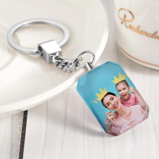 Personalised double-sided crystal photo keyring displaying two photos, premium clear crystal keepsake with metal key ring