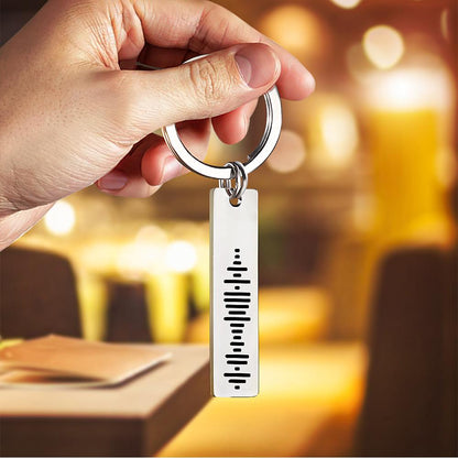 Personalised music code keyring attached to a set of keys – stainless steel Spotify song keychain as a sentimental wedding or birthday gift