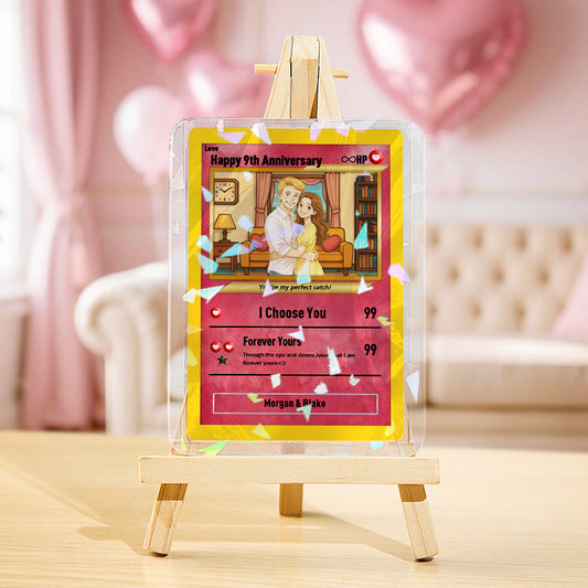 Personalised Valentine's Poke Card front view showing engraved couple names and character-style artwork on wood and PVC – custom anniversary gift for gaming couples