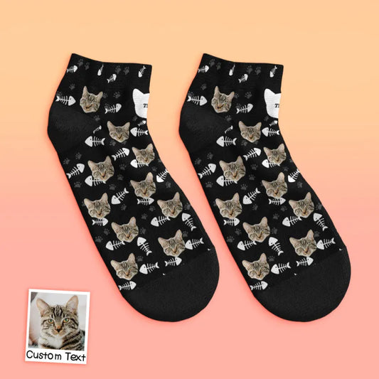 Personalised low-cut ankle socks with custom cat face print perfect cat lover gift