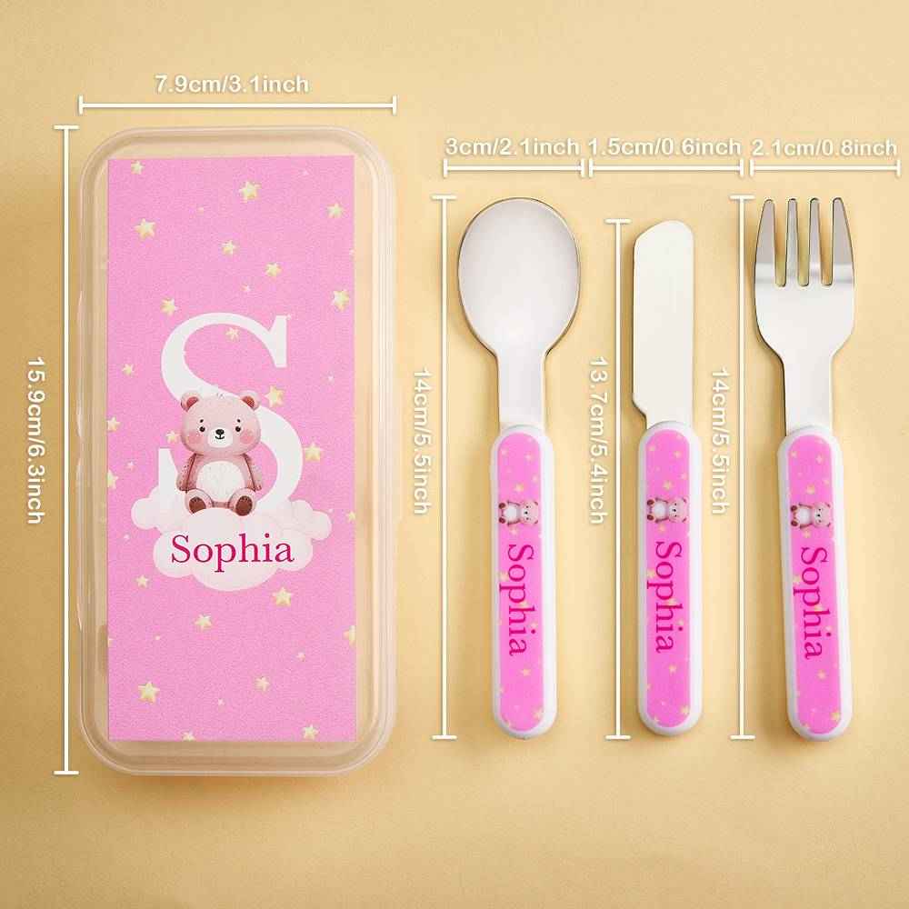 Personalized Kid’s Cutlery Set Cartoon Animal Fork Spoon Knife 3 Pcs Birthday Gift for Kids