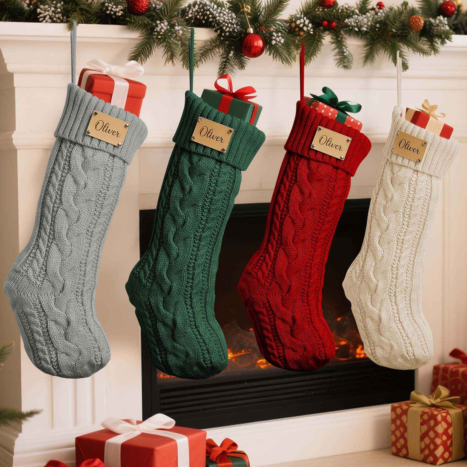 Personalized Christmas Stocking with Custom PU Leather Tag – Holiday Gift for Family & Kids