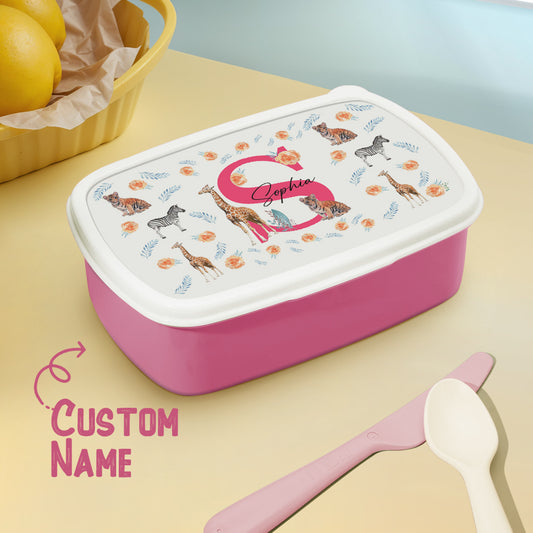 Personalised cute animals lunch box with name — colourful front view of kids' lunch box, perfect birthday or back-to-school gift