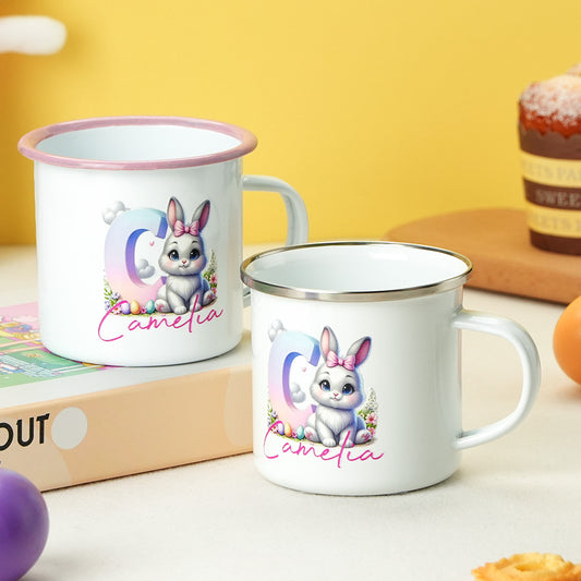 Personalised Easter bunny enamel mug with custom name and gradient initial — 12oz kids gift, colourful front view