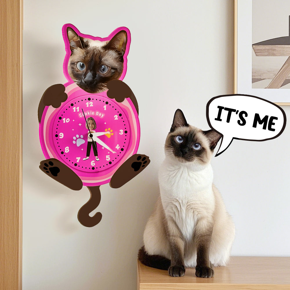 Lifestyle view of personalised pet and owner wall clock mounted above a sofa — heartwarming custom photo gift for home