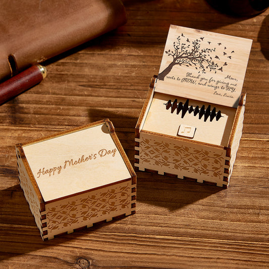 Personalised wooden music box with custom engraved lid, built-in digital MP3 player and one-button voice recording keepsake