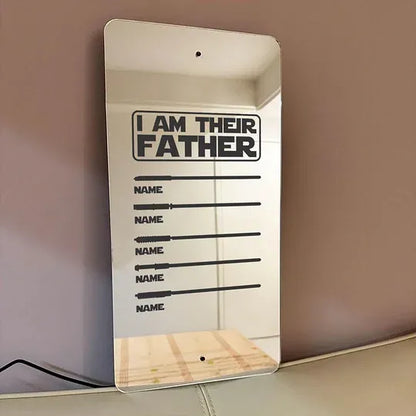 Custom Name Lightsaber mirror lamp reading I Am Their Father with personalised names, silver mirror acrylic LED bedside lamp