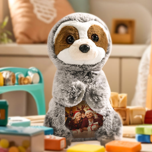 Front view of personalised sloth plush with custom photo on its belly — personalised stuffed toy for kids