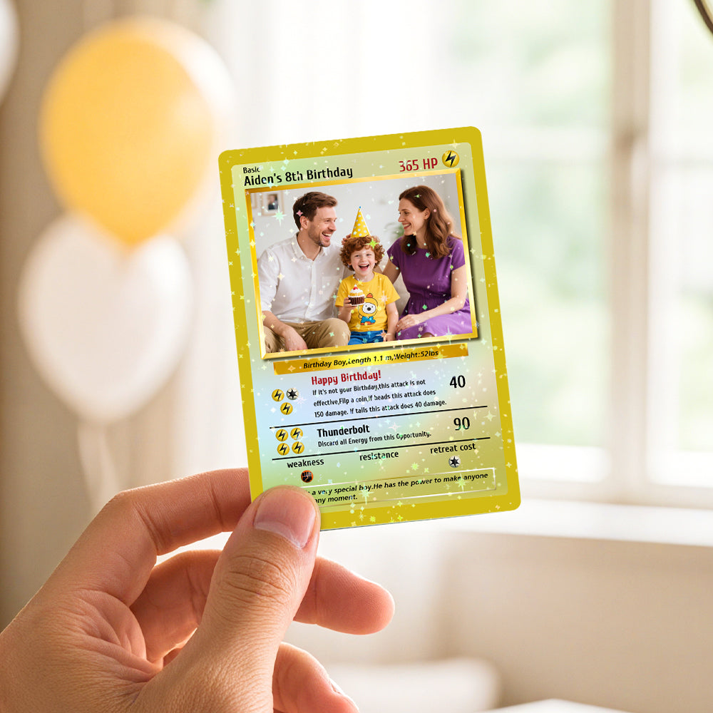 Close-up of print quality on a Personalised Poke-style photo game card showing vibrant photo, personalised text and retro trading-card design – ideal personalised photo gift