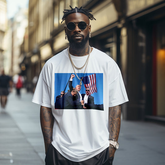White 'Fight! Donald Trump 2024 Survived Shot At Election Rally' limited-edition cotton T-shirt, bold commemorative print, breathable rally tee for supporters and collectors