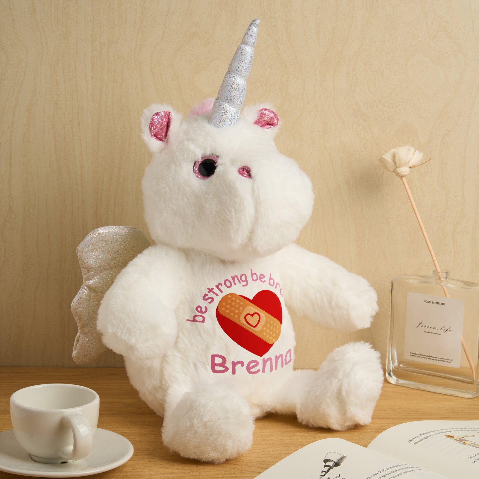 Side profile of personalised unicorn plush birth announcement teddy showing super-soft plush and PP cotton filling