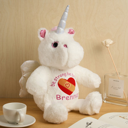 Side profile of personalised unicorn plush birth announcement teddy showing super-soft plush and PP cotton filling
