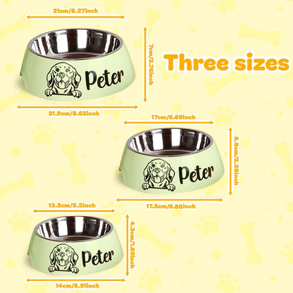 Underside view showing the non-slip plastic base of a personalised stainless steel pet bowl for stability