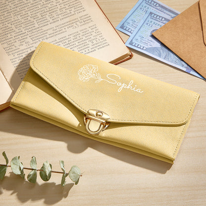 Personalised Birth Flower PU Leather Wallet with Name - Custom Birthday Gift for Her