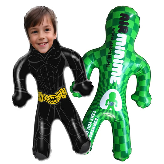 Close-up of the printed customised face on the inflatable doll, showing vivid detail.