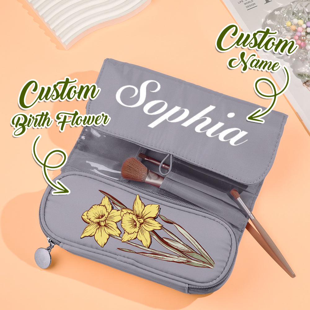 Slim personalised make-up brush bag tucked inside a handbag — lightweight custom cosmetic pouch perfect for travel