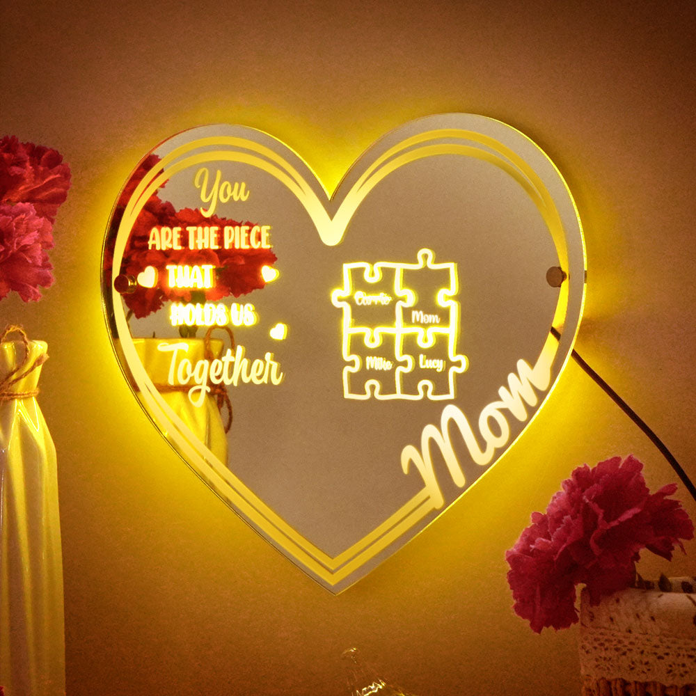Engraved acrylic puzzle sign on a vanity — personalised Mother's Day keepsake with kids' names