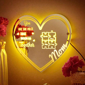 Personalized Mom You Are the Piece That Holds Us Together Mirror Light Puzzle Piece Sign Mother's Day Gifts