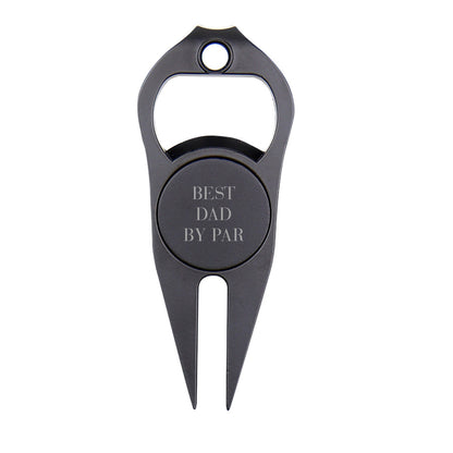 Personalised golf ball marker and bottle opener shown in black and white — magnetic marker, club holder and bottle/can opener, ideal gift for husband or grandad