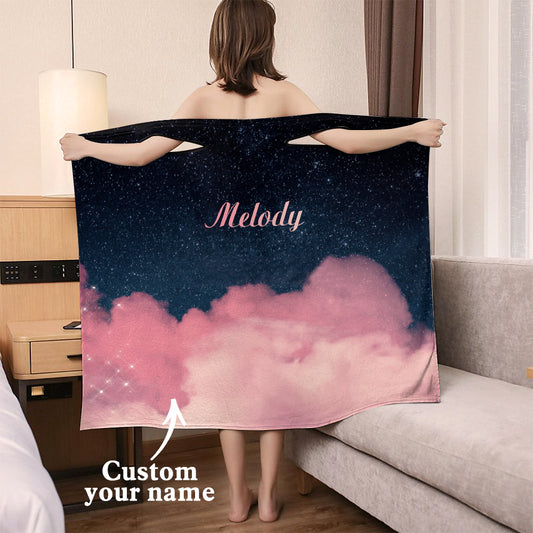 Personalised pink clouds wrap towel dress in anti-pilling flannel with custom name print, shoulder-strap beach towel wrap and women's personalised spa robe