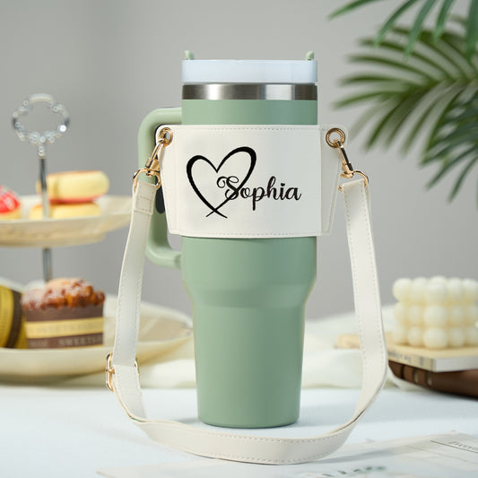 Personalised PU leather water bottle carrier for 40oz Stanley tumbler with adjustable strap — stylish hands-free gift for her