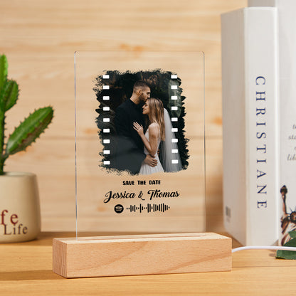Front detail of the personalised acrylic keepsake, displaying the engraved Spotify code and photo.