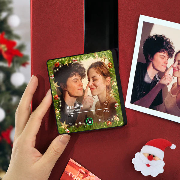Close-up of FridgeBeats 4.0 Pro acrylic frame showing high-resolution personalised photo and glossy print finish