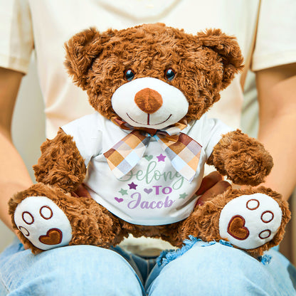 Close-up of personalised teddy bear showing embroidered name and soft plush texture – handcrafted finish, ideal personalised name baby shower gift