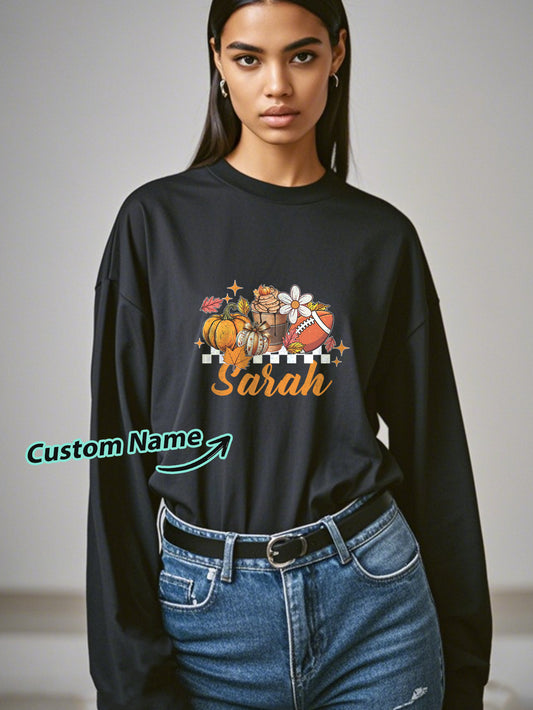 Personalised Name Halloween long-sleeve T-shirt front view with custom engraved name – soft polyester, ideal Halloween top