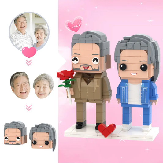 Personalised 2-Person Brick Figures – custom couple brick figures with rose accessory, photo-based personalised mini figures with customised hairstyles and outfits