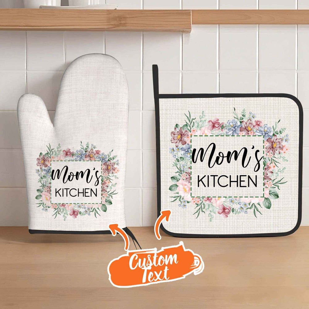 Personalized Flower Insulation Oven Mitt and Pot Holder Set with Text Kitchen Decor Gift for Mom