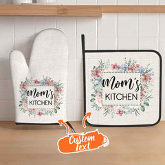 Personalized Flower Insulation Oven Mitt and Pot Holder Set with Text Kitchen Decor Gift for Mom