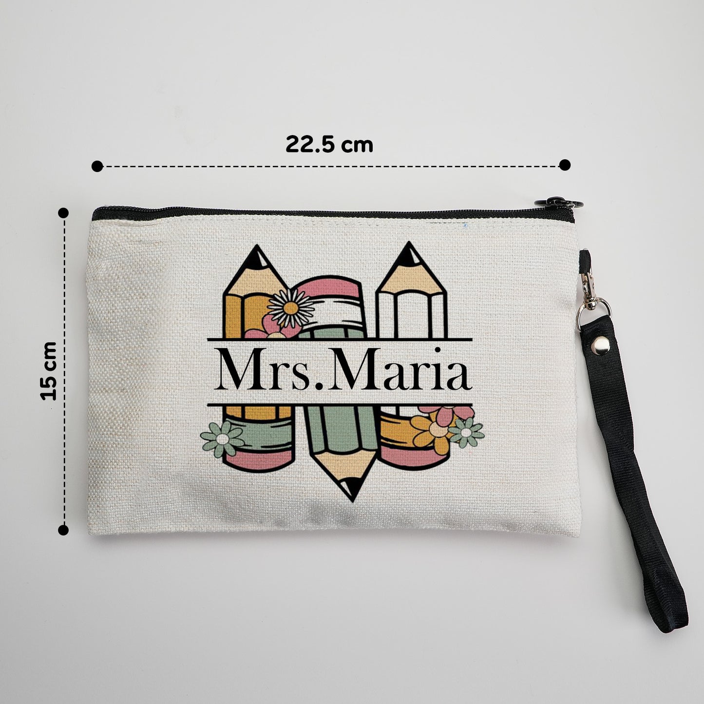 Personalised floral canvas pouch placed on desk beside thank-you card – teacher appreciation present idea