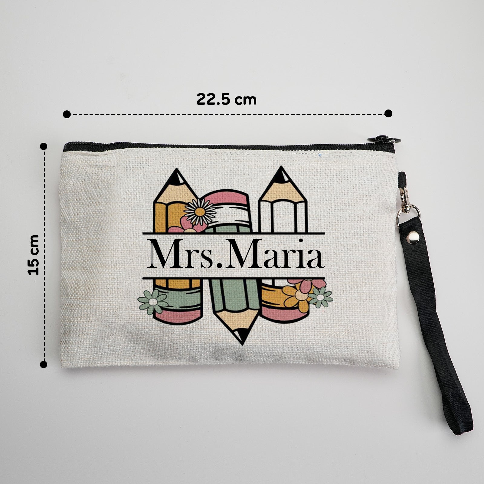 Personalised floral canvas pouch placed on desk beside thank-you card – teacher appreciation present idea