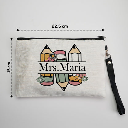 Personalised floral canvas pouch placed on desk beside thank-you card – teacher appreciation present idea