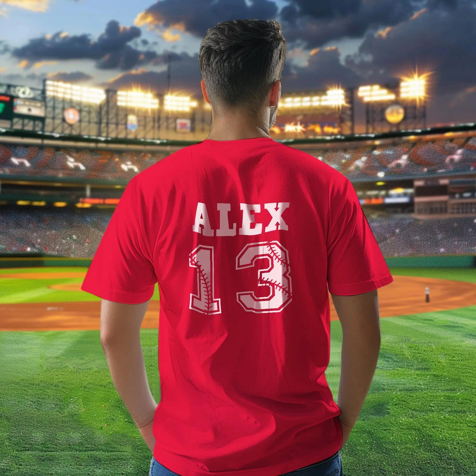 Model wearing personalised baseball T-shirt — casual teamwear for teens and adults