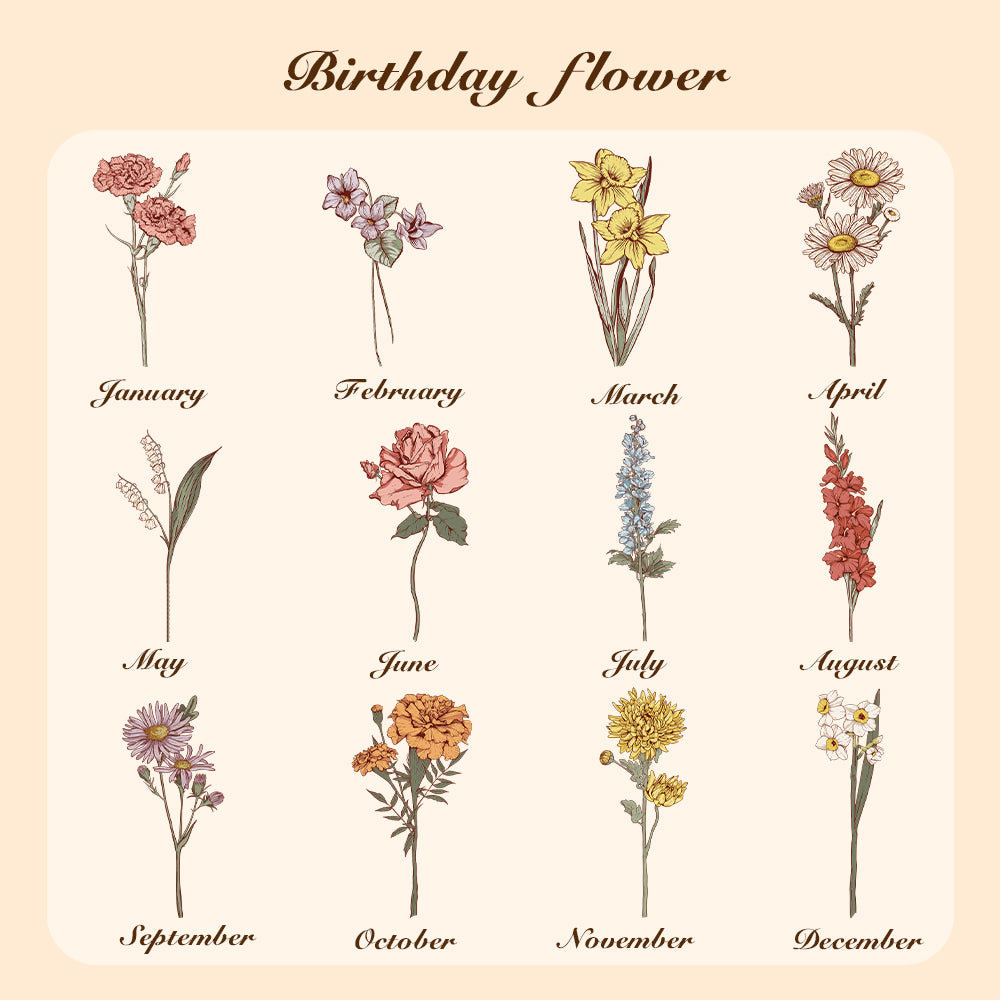 Collection of personalised birth flower make-up pouches in different floral designs — custom cosmetic bags for mums, girlfriends and friends