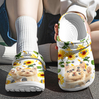Top view of personalised pet face clog slippers showing custom name and sunflower motif – lightweight rubber personalised shoes for pet owners