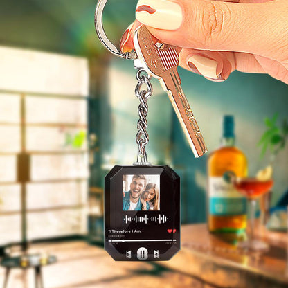 Close-up of personalised crystal keyring showing 3D engraved detail and vivid UV printed photo — perfect custom keepsake keyring