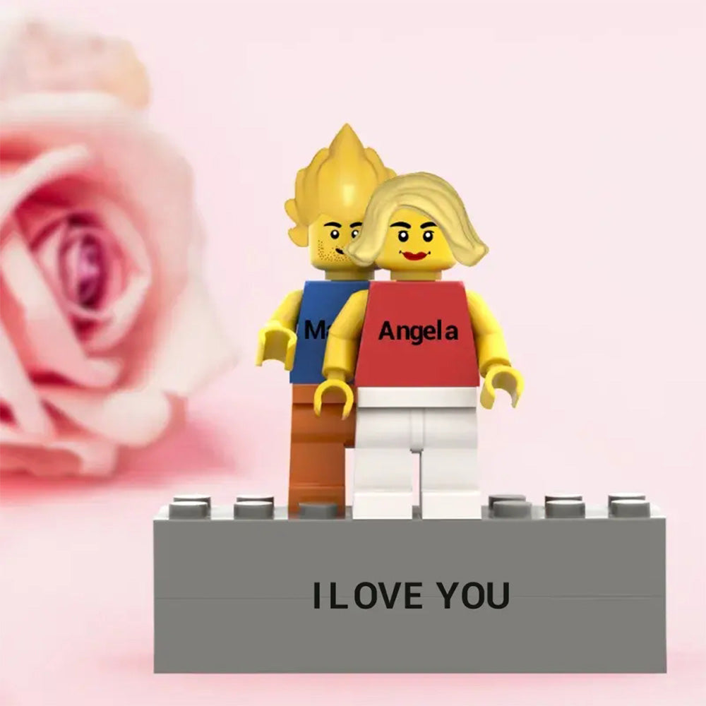 Personalised Couple Minifig pair on engraved base in a fitted display box – custom Valentine's gift and engraved keepsake