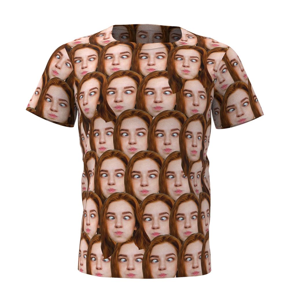 Model wearing personalised face tee with round neck and short sleeves — comfortable unisex fit for events and everyday wear
