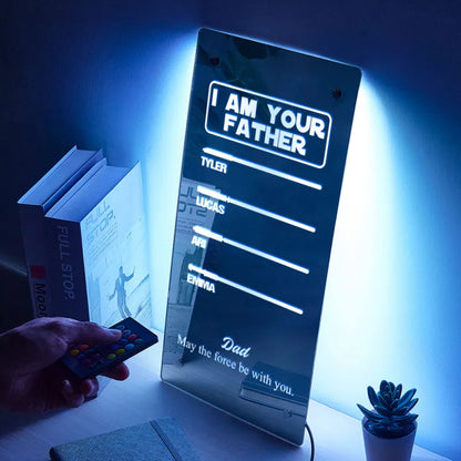 Close-up of the LED base and power connection for the personalised lightsaber mirror lamp, showing quality finish and simple plug-in setup