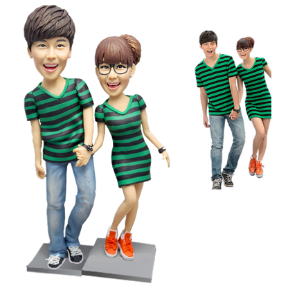 Side angle of custom couple bobblehead showing smooth clothing textures and refined shoe detail — handmade personalised bobbleheads for couples
