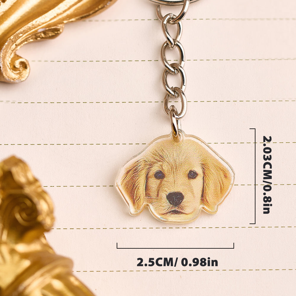 Two personalised pet portrait keychains displayed together — bespoke custom pet keyrings perfect as thoughtful presents